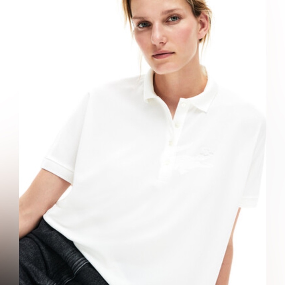 Lacoste White Boxy Fit Fluid Polo with Longer Back. size M - Picture 3 of 5